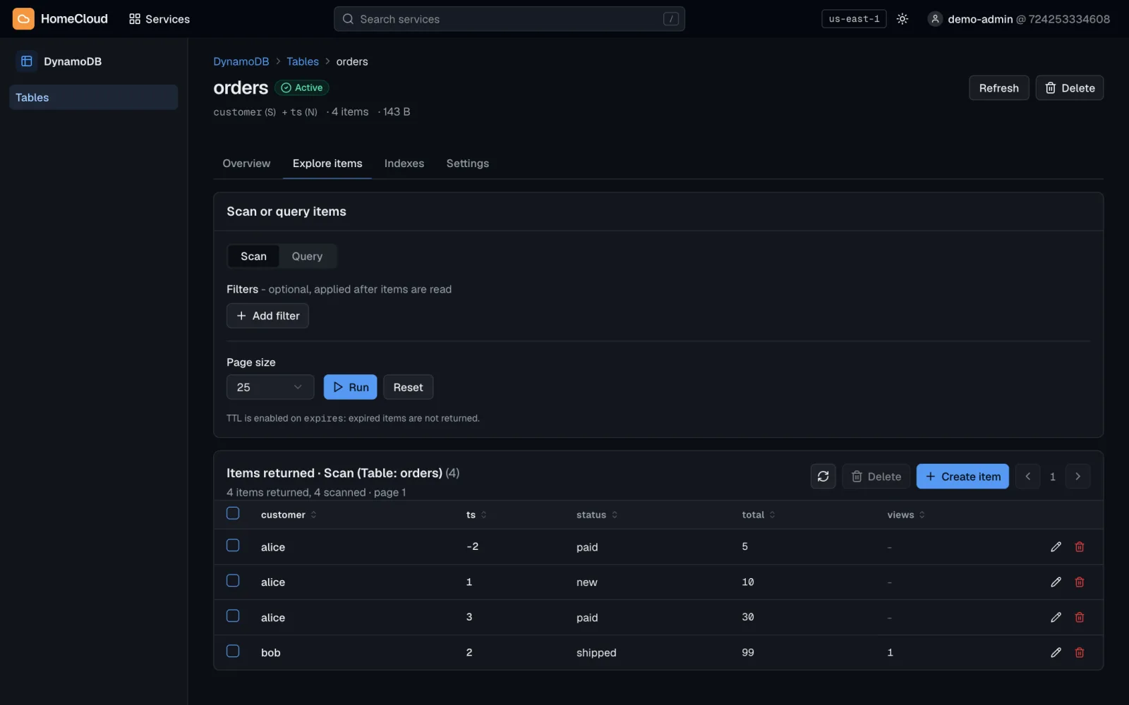 A DynamoDB table page showing items and the query editor.