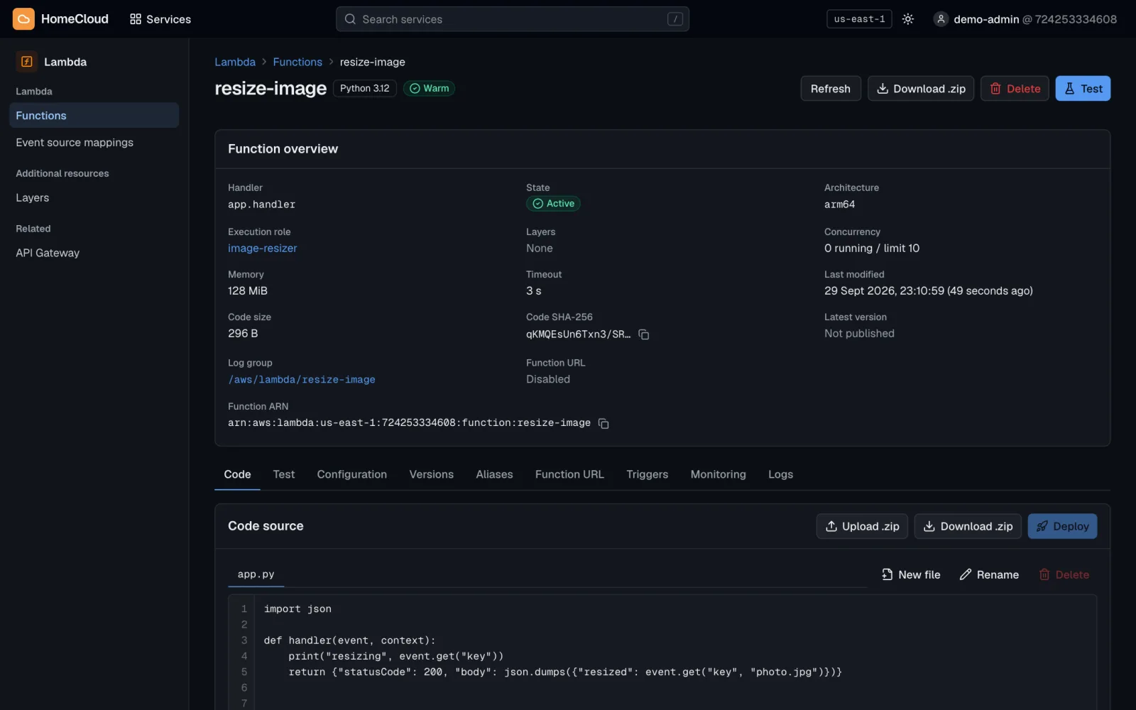 A Lambda function page with its configuration and code editor.